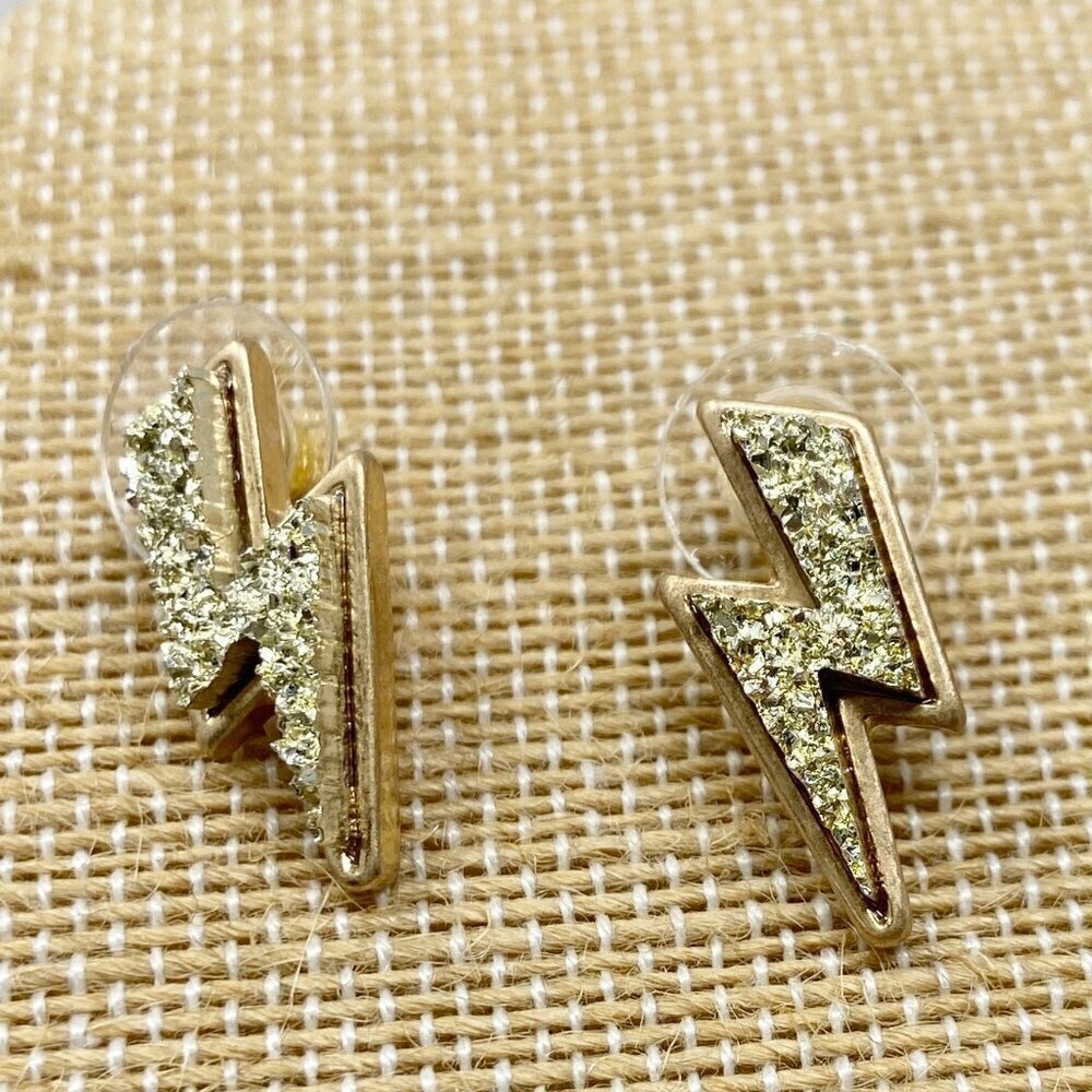 Gold Druzy Quartz Stone Lightening Bolt Earrings